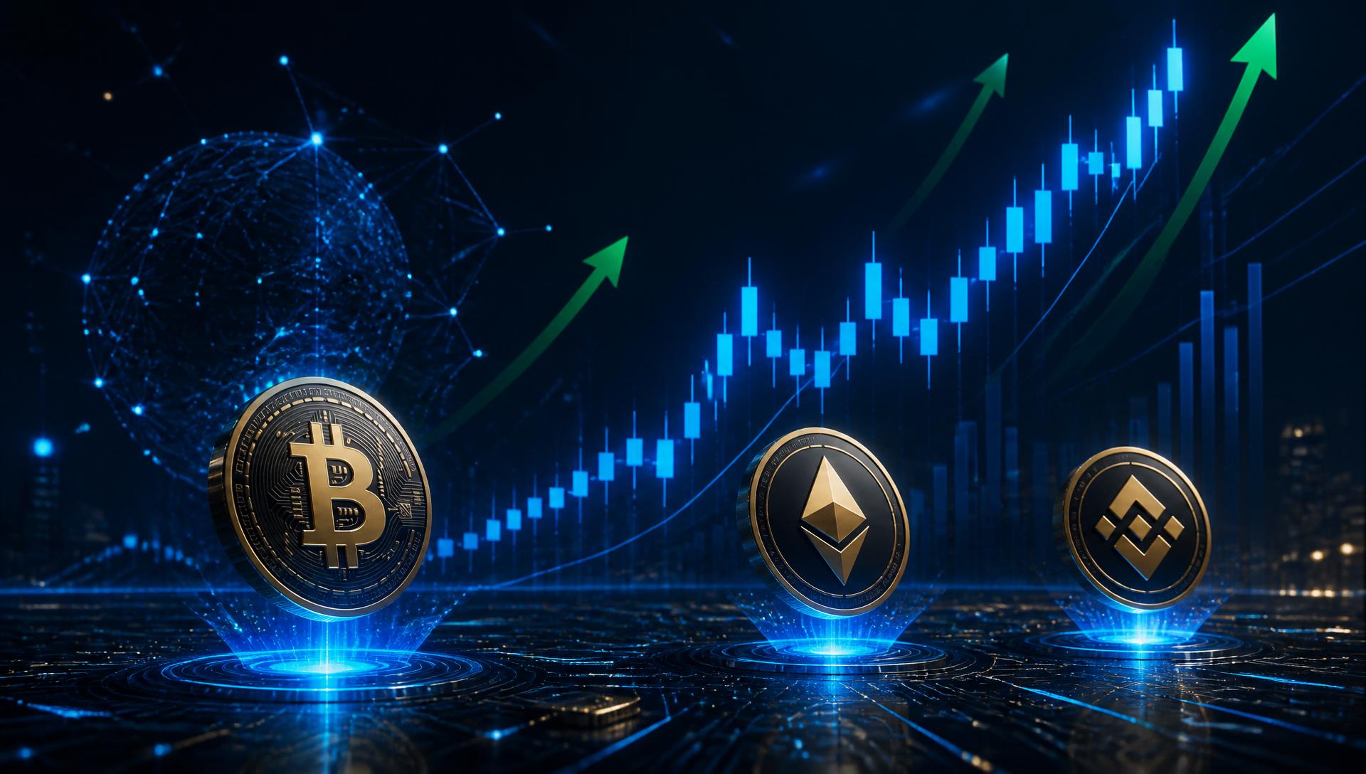 Gráfico de velas de trading cripto con Bitcoin, Ethereum y BNB